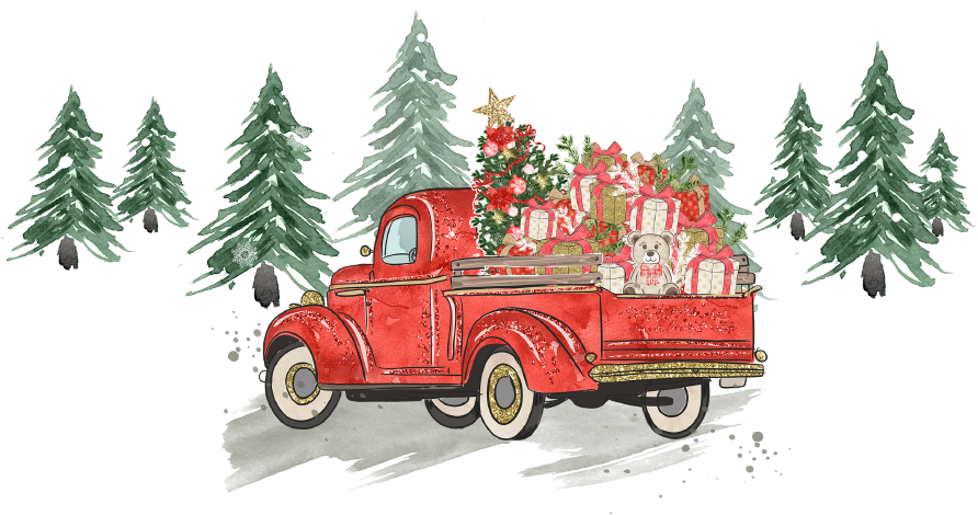 red truck illustration with gifts in the trunk 