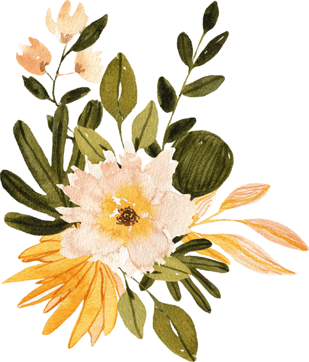 watercolor of a yellow and pink flower with various green leaves