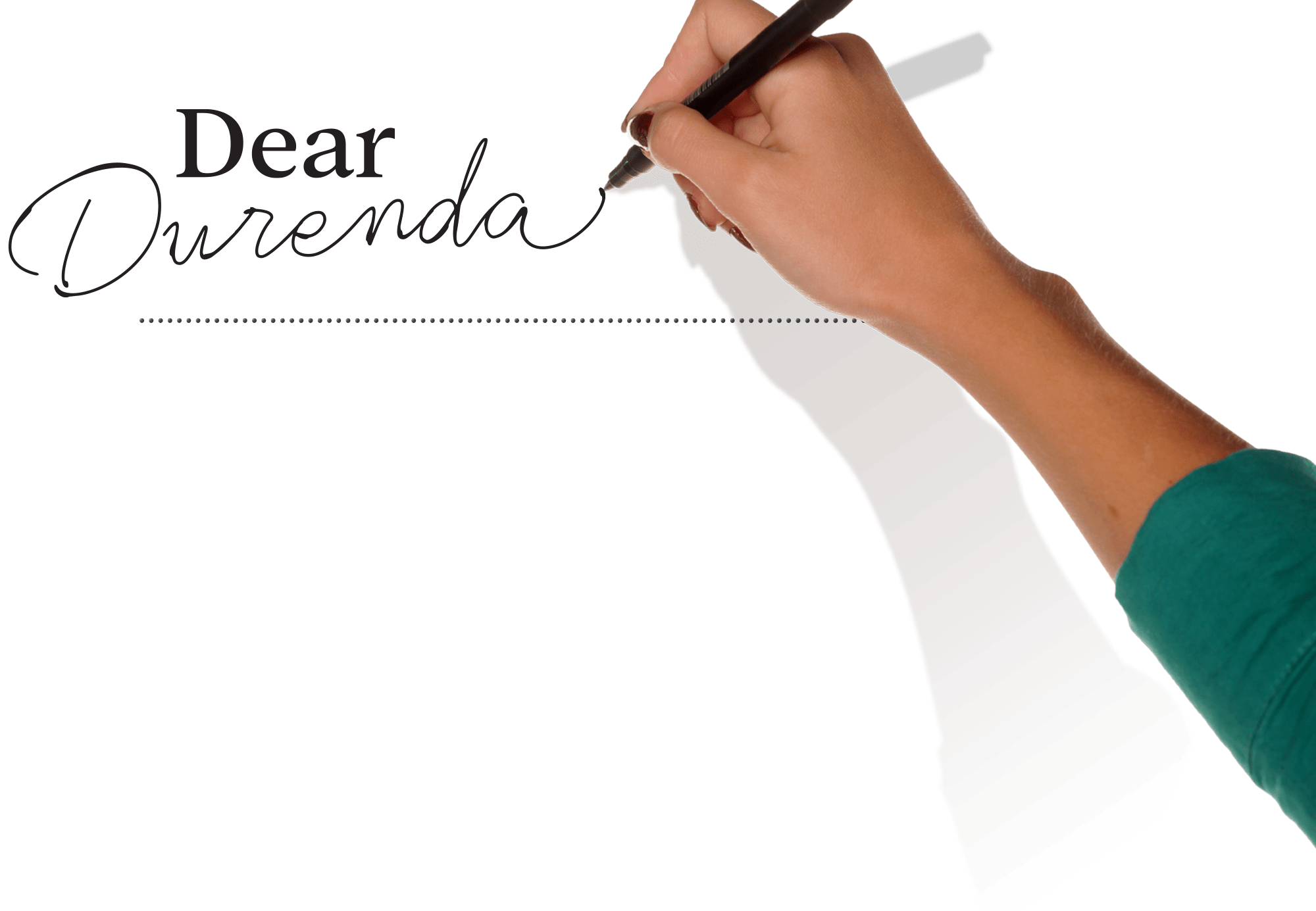 Dear Durenda typography with an image of a hand, writing