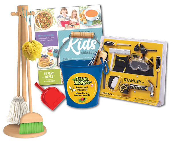 Kids play broom, bucket and construction tools