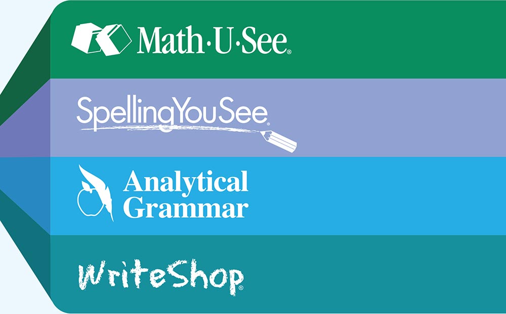 MathUSee, SpellingYouSee, Analytical Grammar, and WriteShop logos