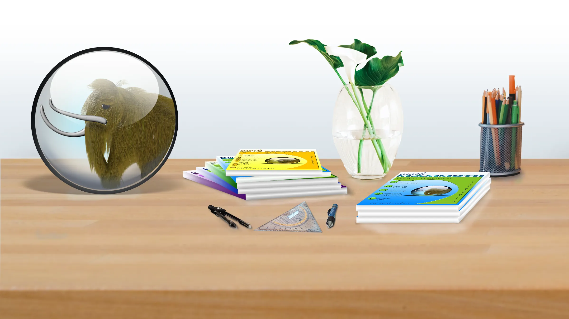Table with globe, school supplies and vase with plant