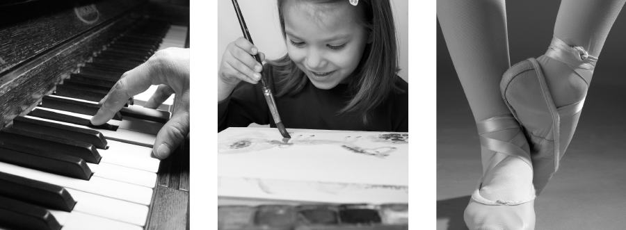 hand on piano, little girl painting, ballet shoes