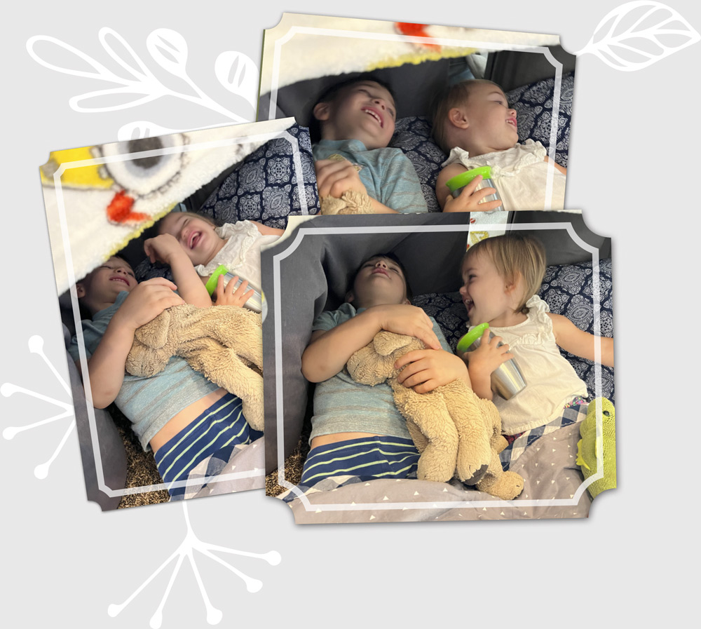 3 photo collage: 3 different photos of 2 children with their teddy bear
