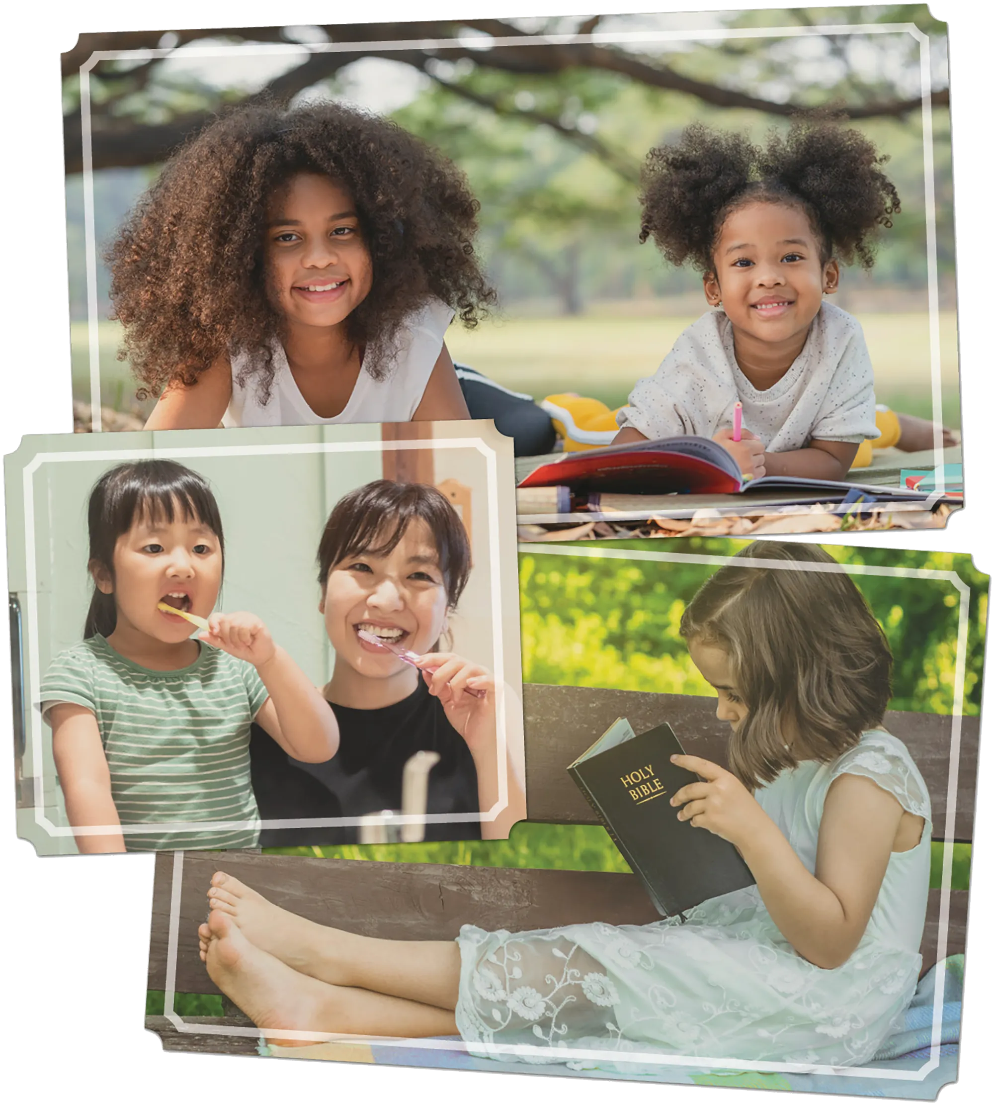 3 pictures: top picture features two girls smiling, middle picture features two girls brushing their teeth, and bottom picture features little girl reading the bible