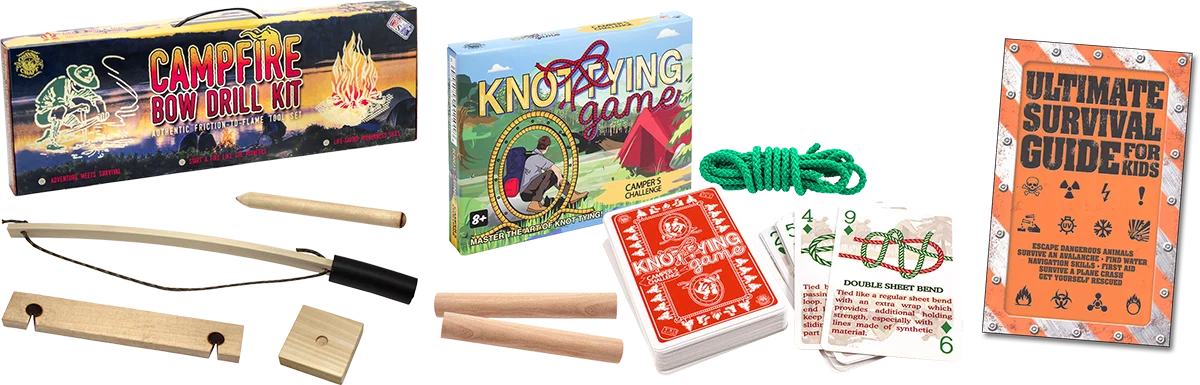 Campfire Bow Drill Kit, Knot Tying Game and Ultimate Survival Guide for Kids book