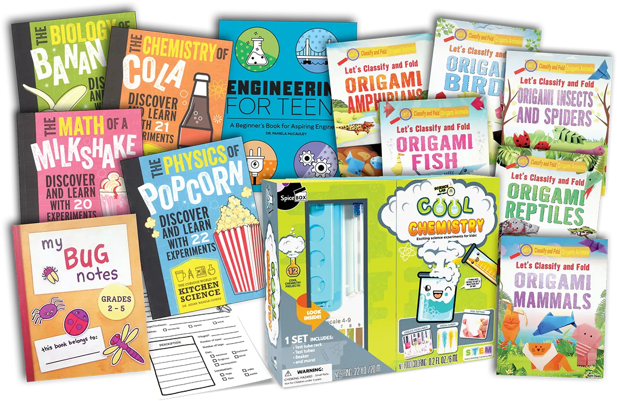 Various science and chemistry activity books for kids
