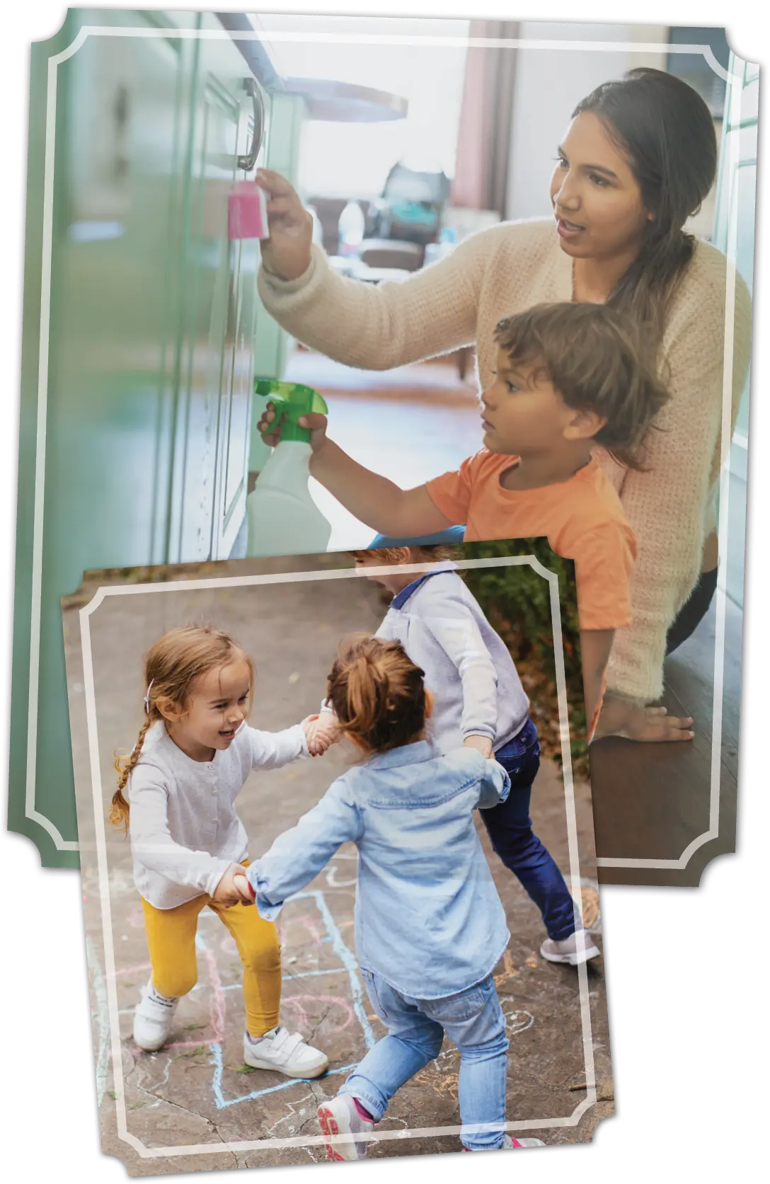 top picture shows mother and son painting a cabinet green together and bottom picture shows three little girls holding hands in a circle over a hopscotch sketch on the road