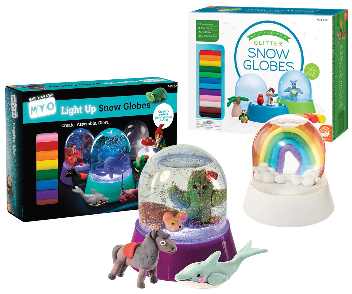 Two snow globe kits and an example snow globe for each