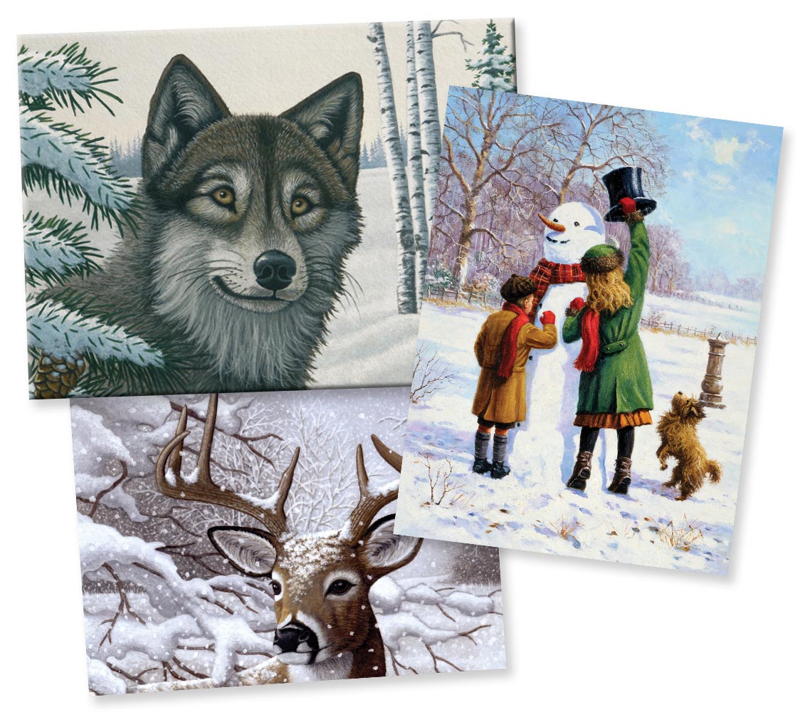 3 paint by number pictures, a wolf, a white tailed deer, and children building a snowman with a dog