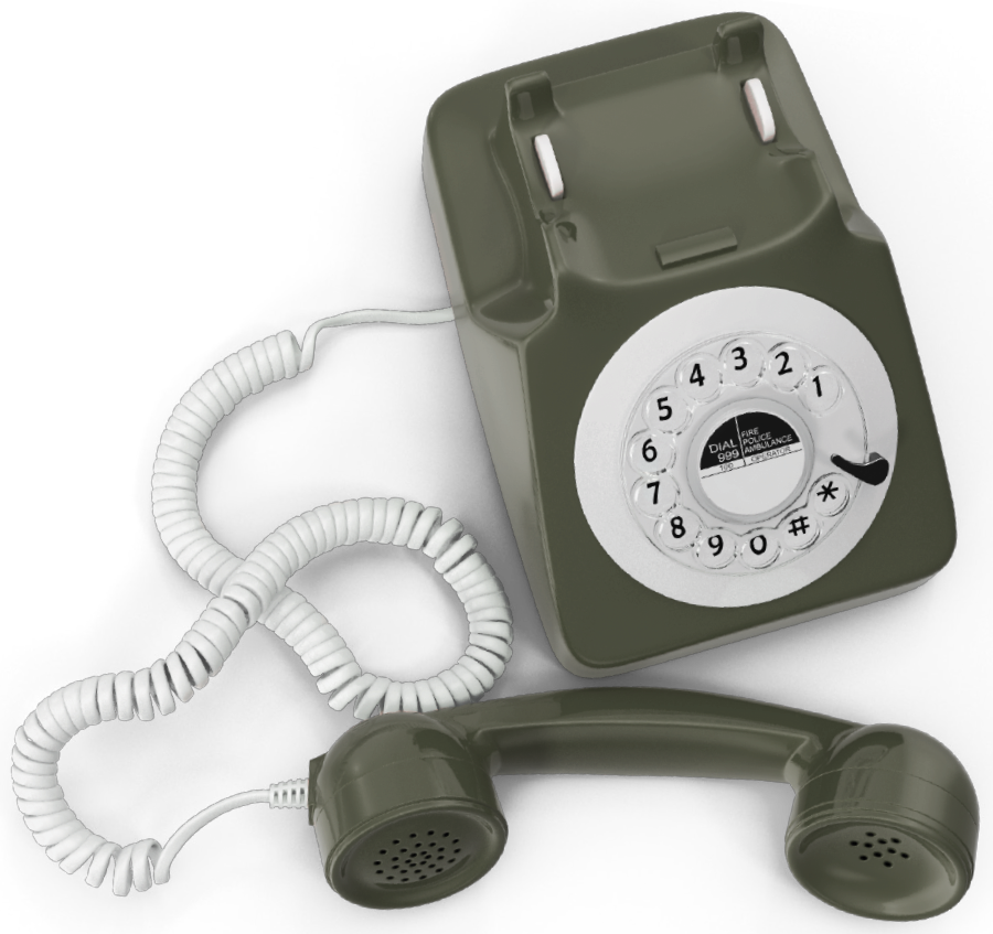 Old school fashion vintage style helpline phone with cord and twisted dial in the forest green color