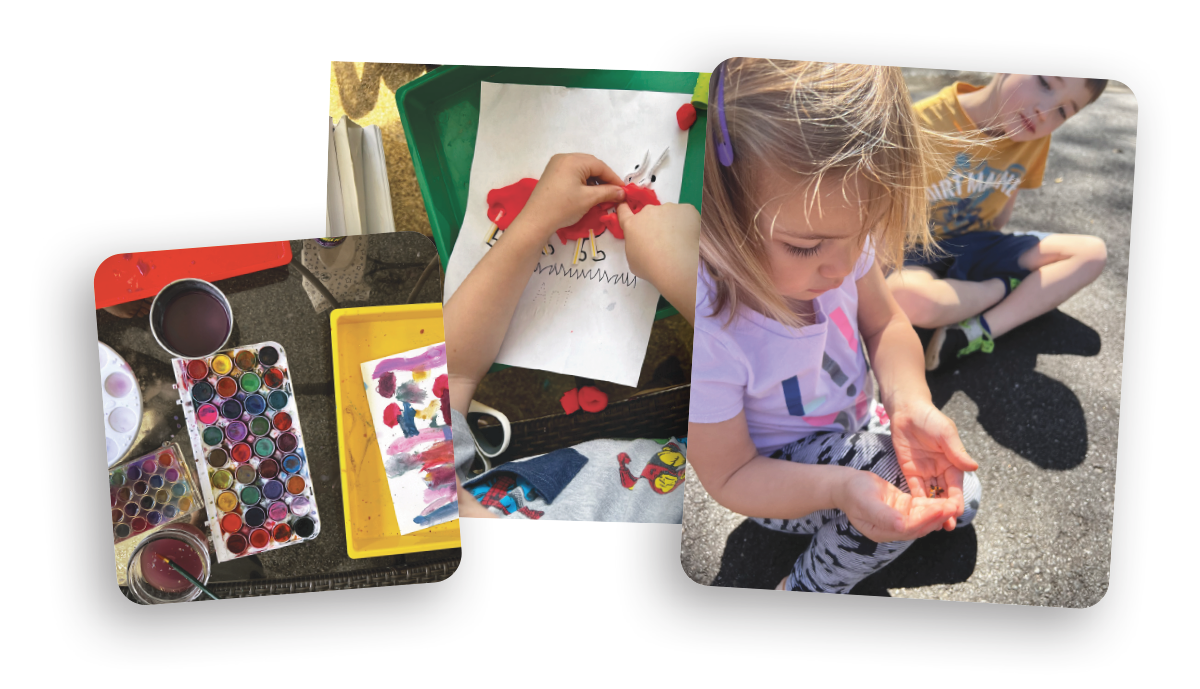 collage of picture showing different homeschool activities included painting, clay, and a young girl holding a bug