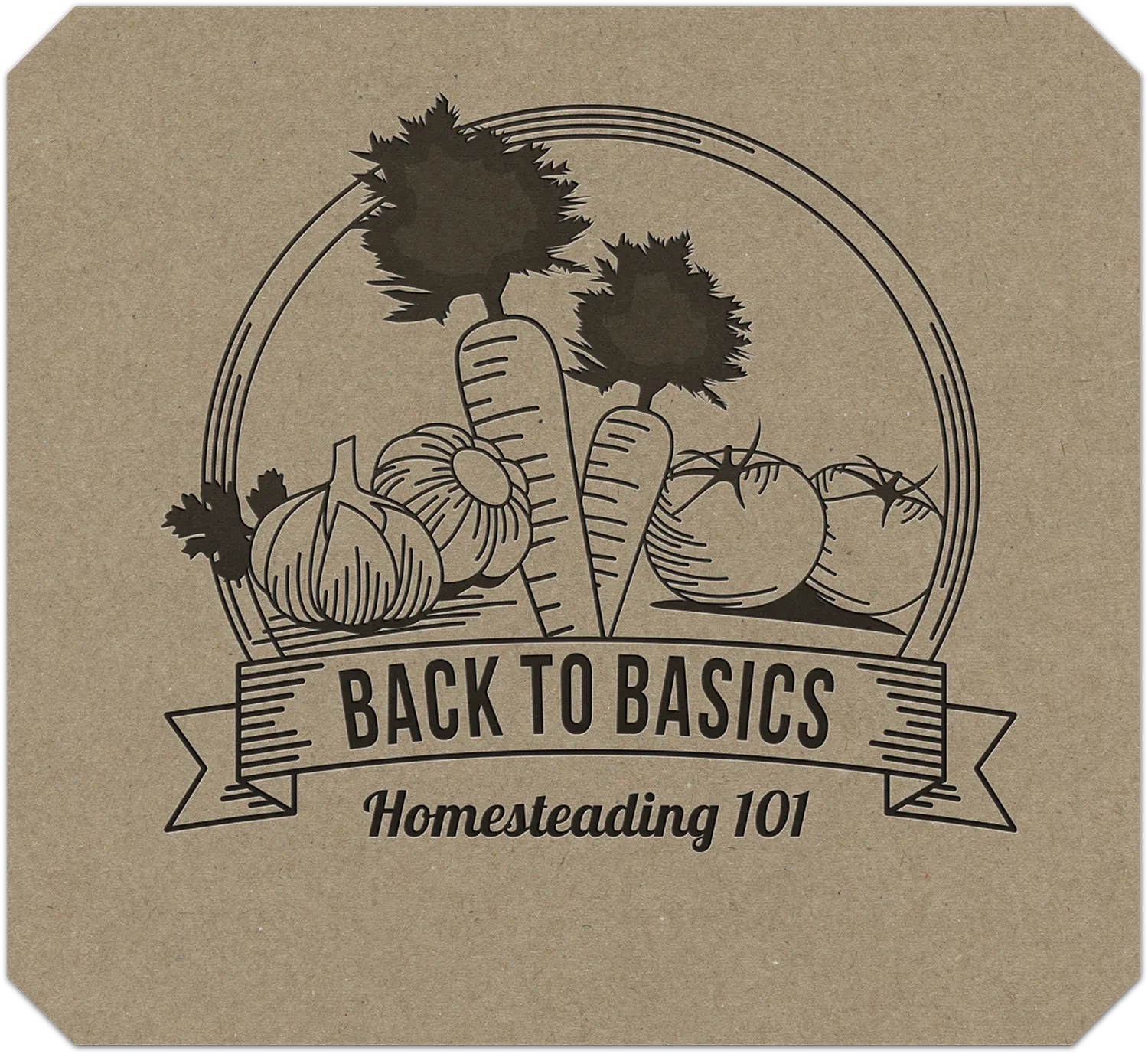 A vintage-style illustration on a textured brown background featuring hand-drawn vegetables such as carrots, onions, and tomatoes, with a banner that reads "Back to Basics: Homesteading 101."