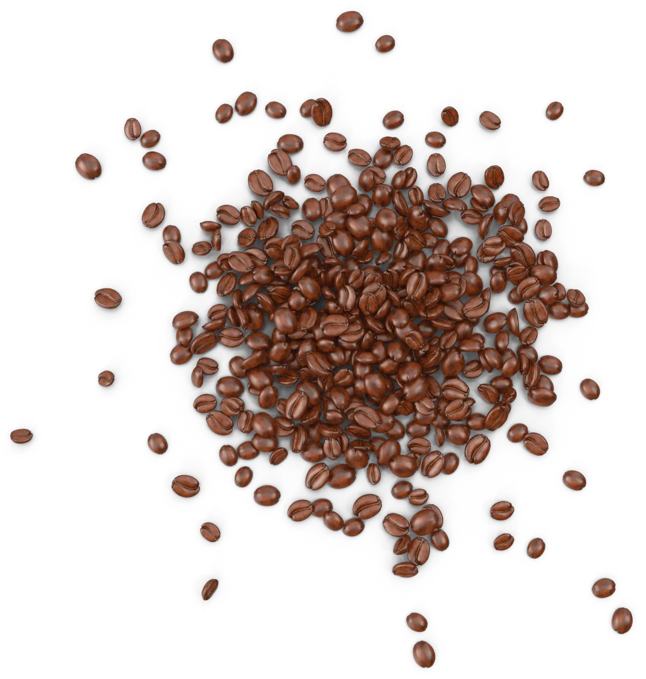 A scattered pile of dark roasted coffee beans on a black background, with some beans appearing to spill outwards.
