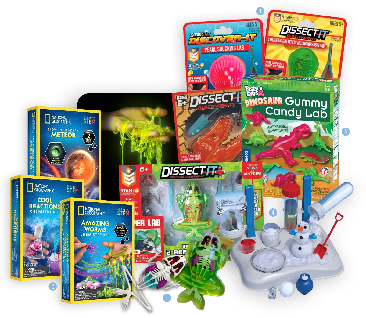 various board games and toys relating to science
