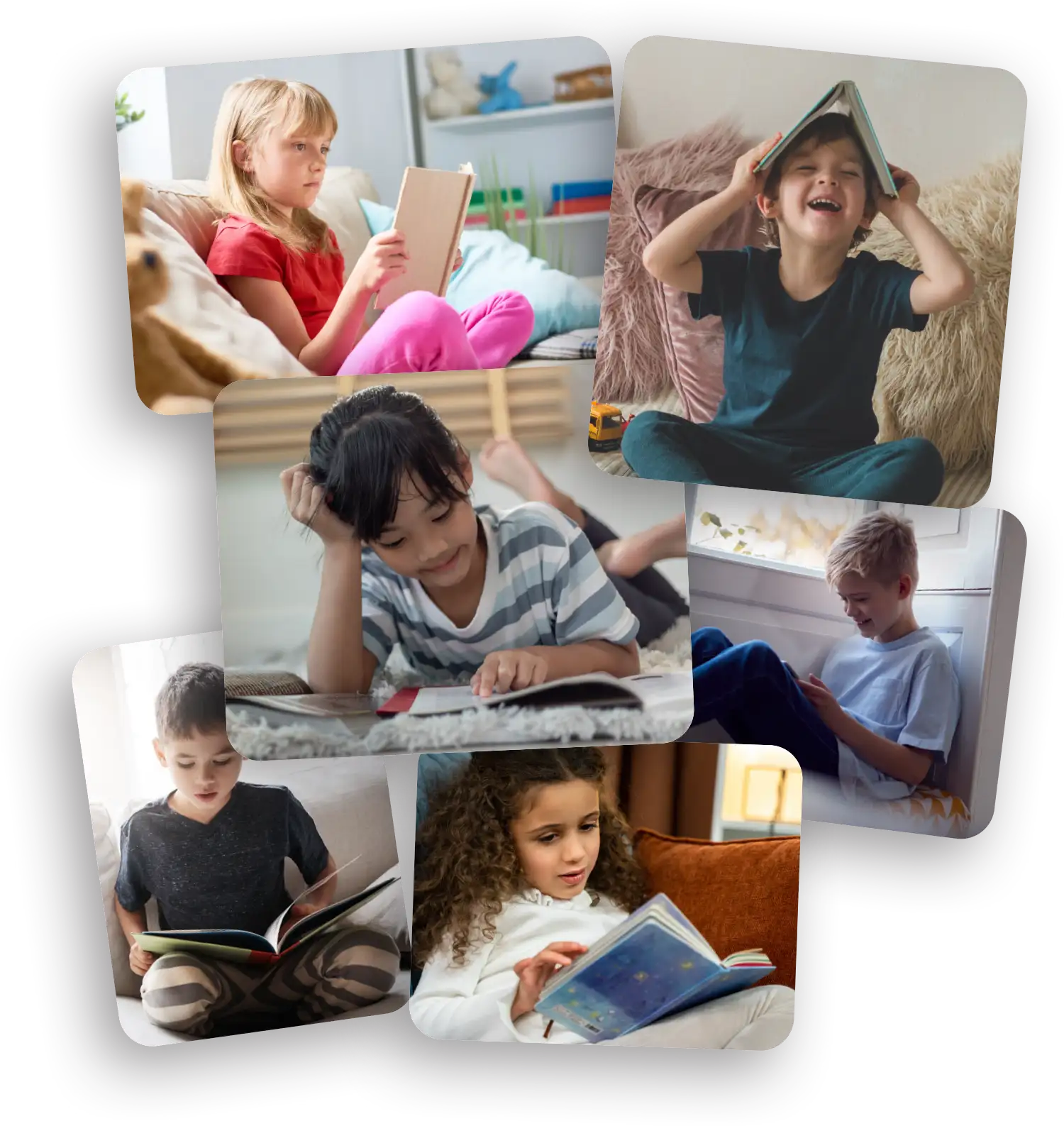 various images of children reading books