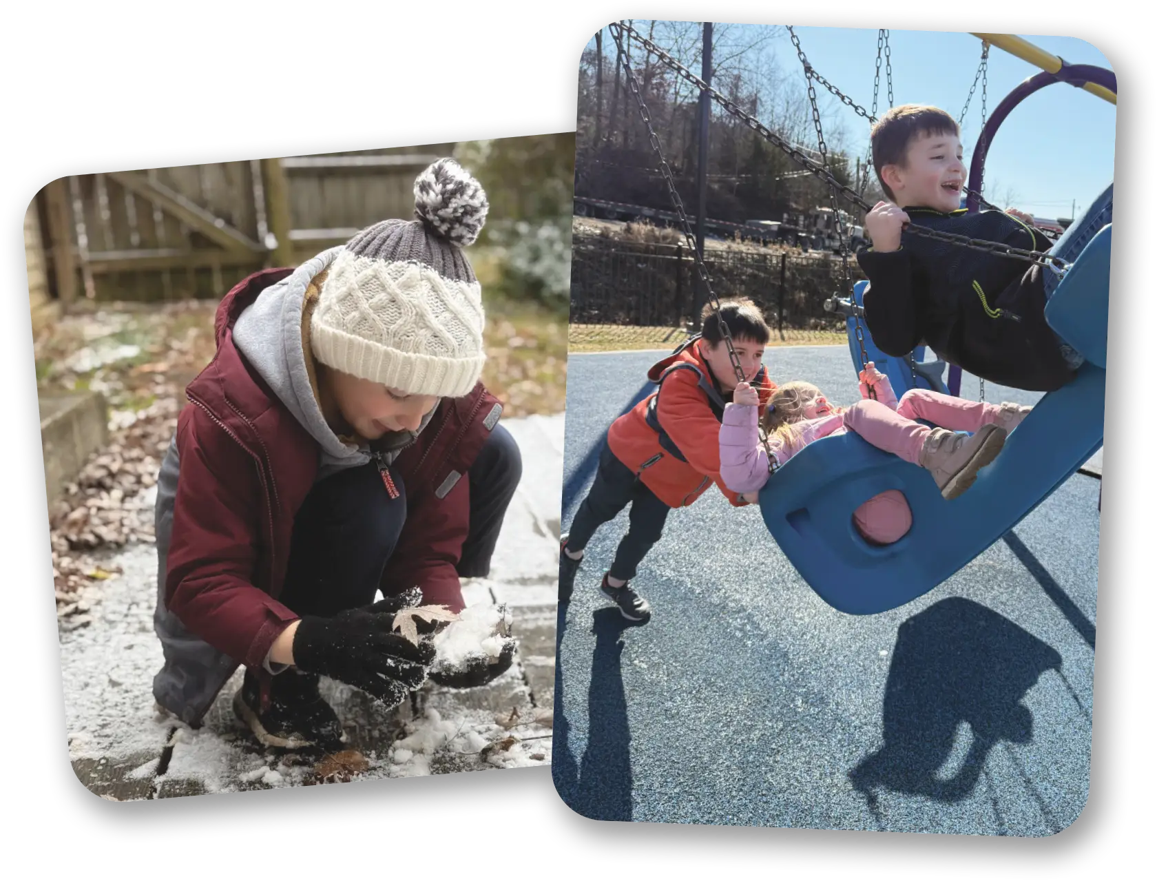 photo collage of ashley wiggers' children playing at the park and in the snow