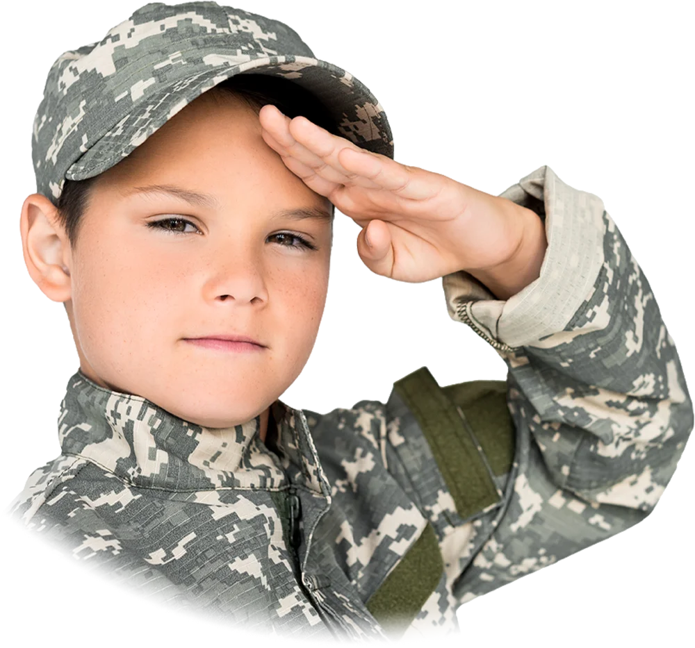 portrait image of a little boy wearing army fatigues giving a salute