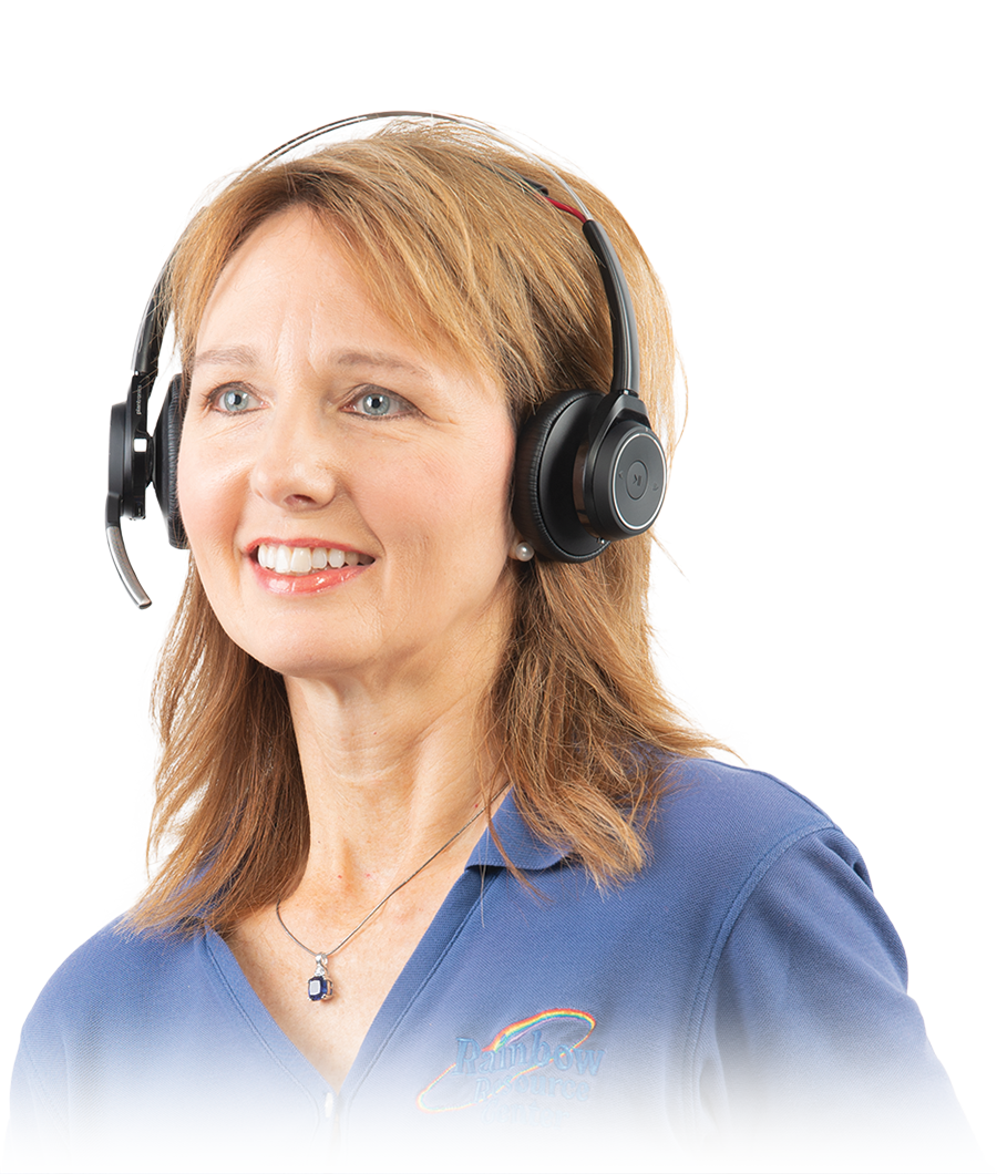 woman who works at Rainbow Resource Center wearing a headset while on a call