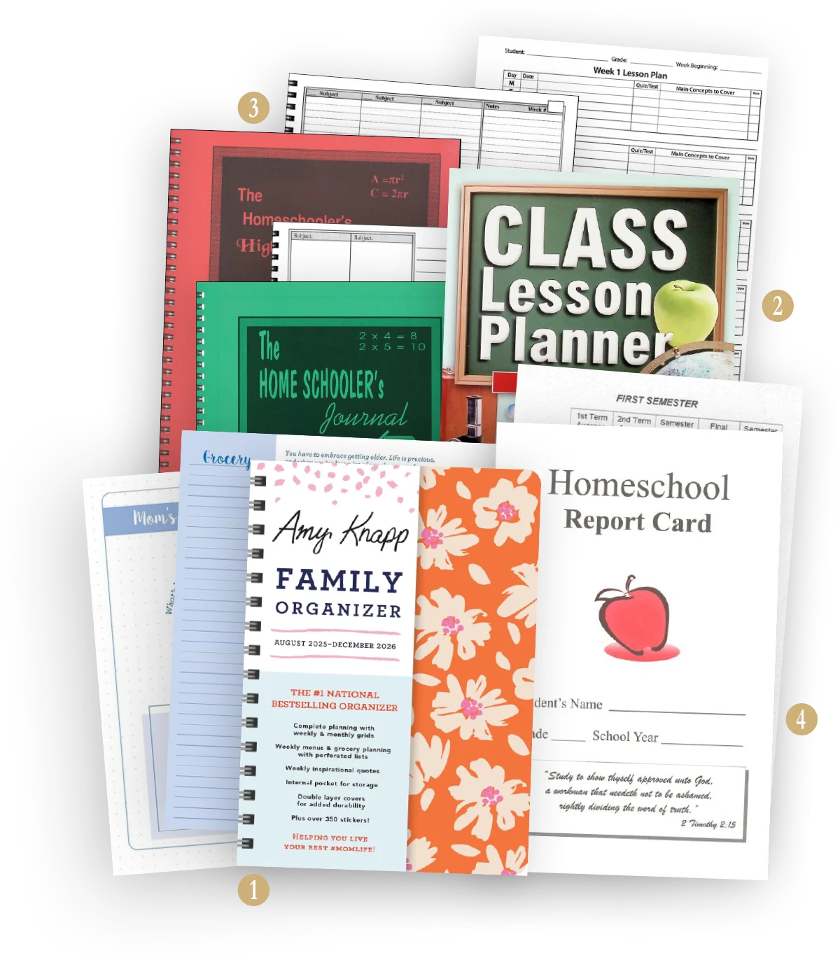 A collection of homeschooling resources and planners, including 'The Homeschooler's Journal', a 'Homeschool Report Card', and an 'Amy Knapp Family Organizer'.