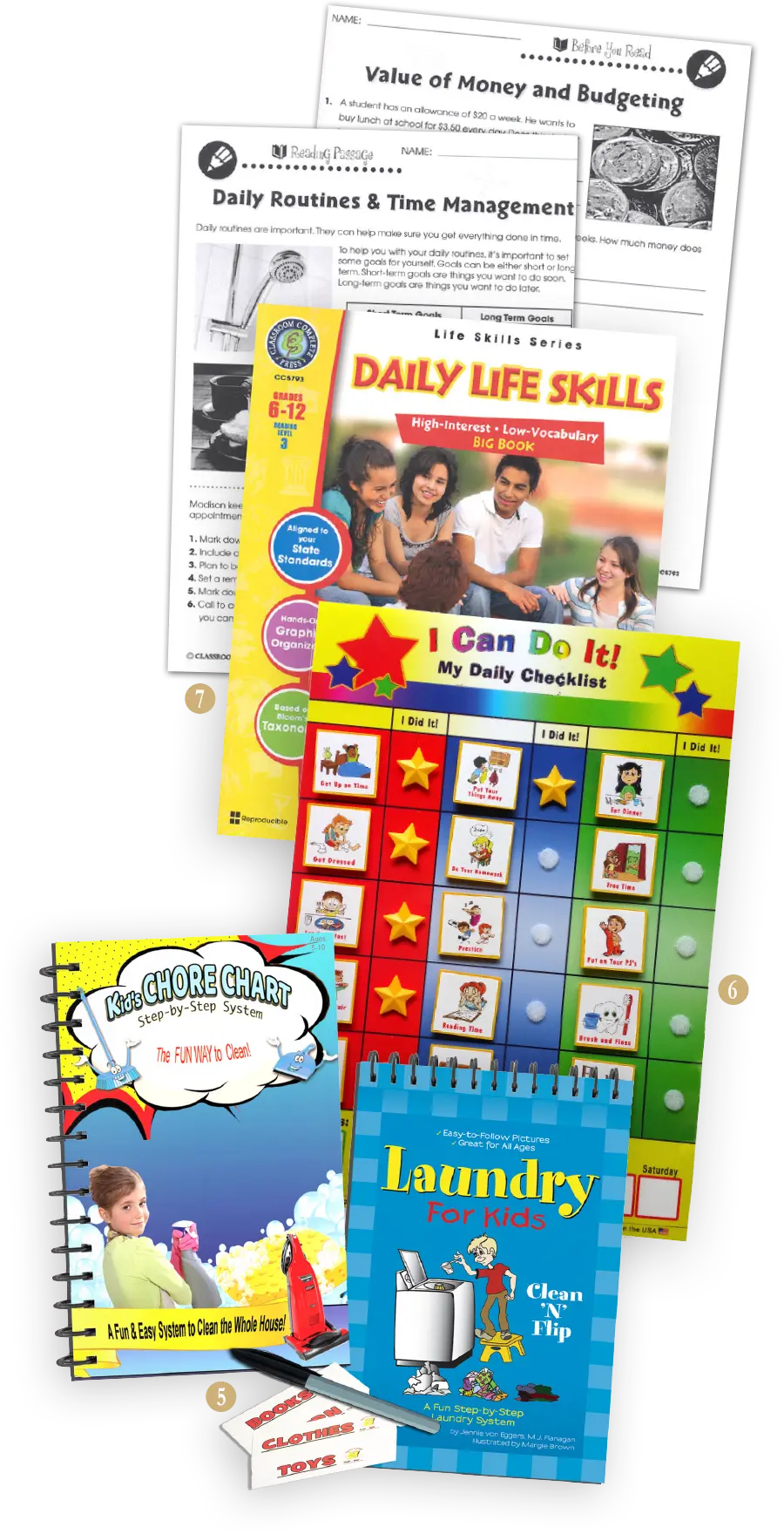 A collection of educational and organizational charts for kids, including a 'Kids Chore Chart,' 'Laundry for Kids,' a 'Daily Checklist,' and a 'Daily Life Skills' book.