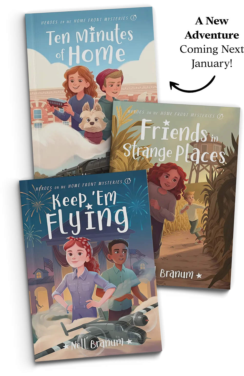 three children's books next to text with an arrow saying A New Adventure Coming Next January!