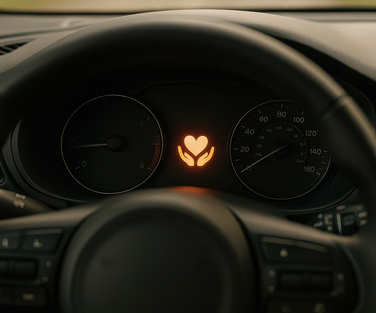 A close-up shot of a car's dashboard at night. A glowing symbol shows a heart held in two cupped hands.