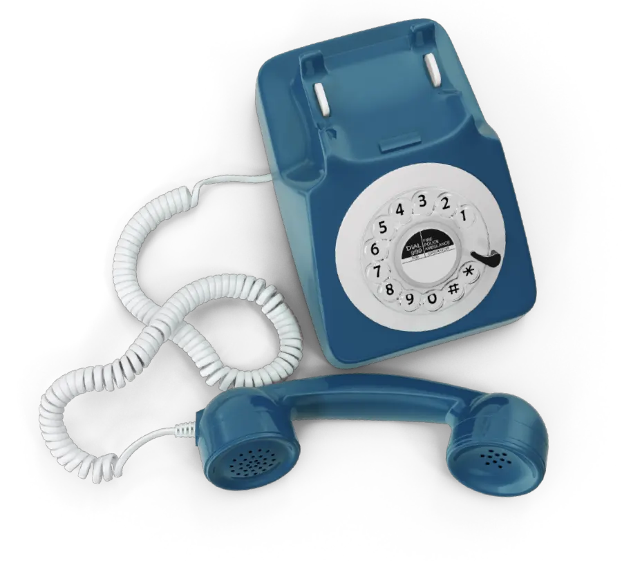Old school fashion vintage style helpline phone with white colored cord and white colored twisted dial containing black numbers as the entire telephone device is a dark blue