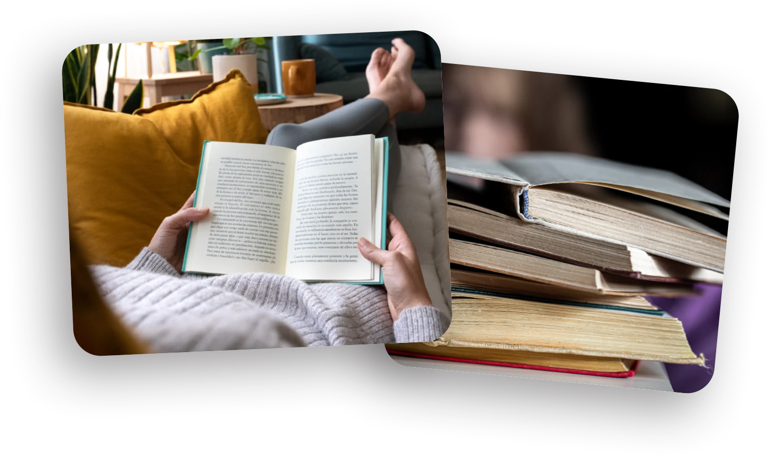 Composite image showing a person relaxing on a couch and reading an open book, next to a stack of several hardcover and paperback books.
