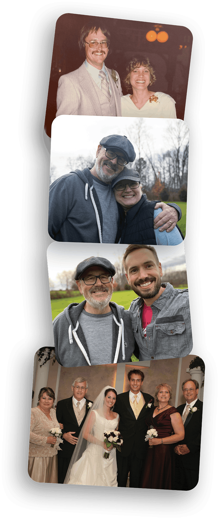 old photo of Josh and his wife, recent photo of the couple; Josh with his son; Josh at Ashley and Alex's wedding