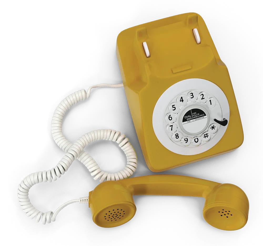 Vintage mustard yellow rotary dial telephone with a white coiled cord and detached receiver.