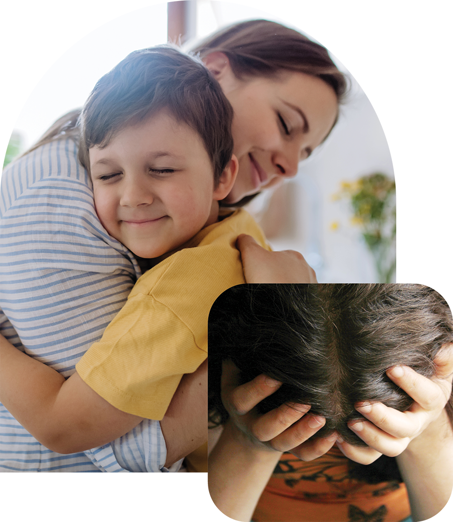 child smiling and hugging mother; child distressed with hands on head