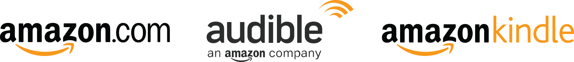 amazon.com logo; audible an amazon company logo; amazon kindle logo