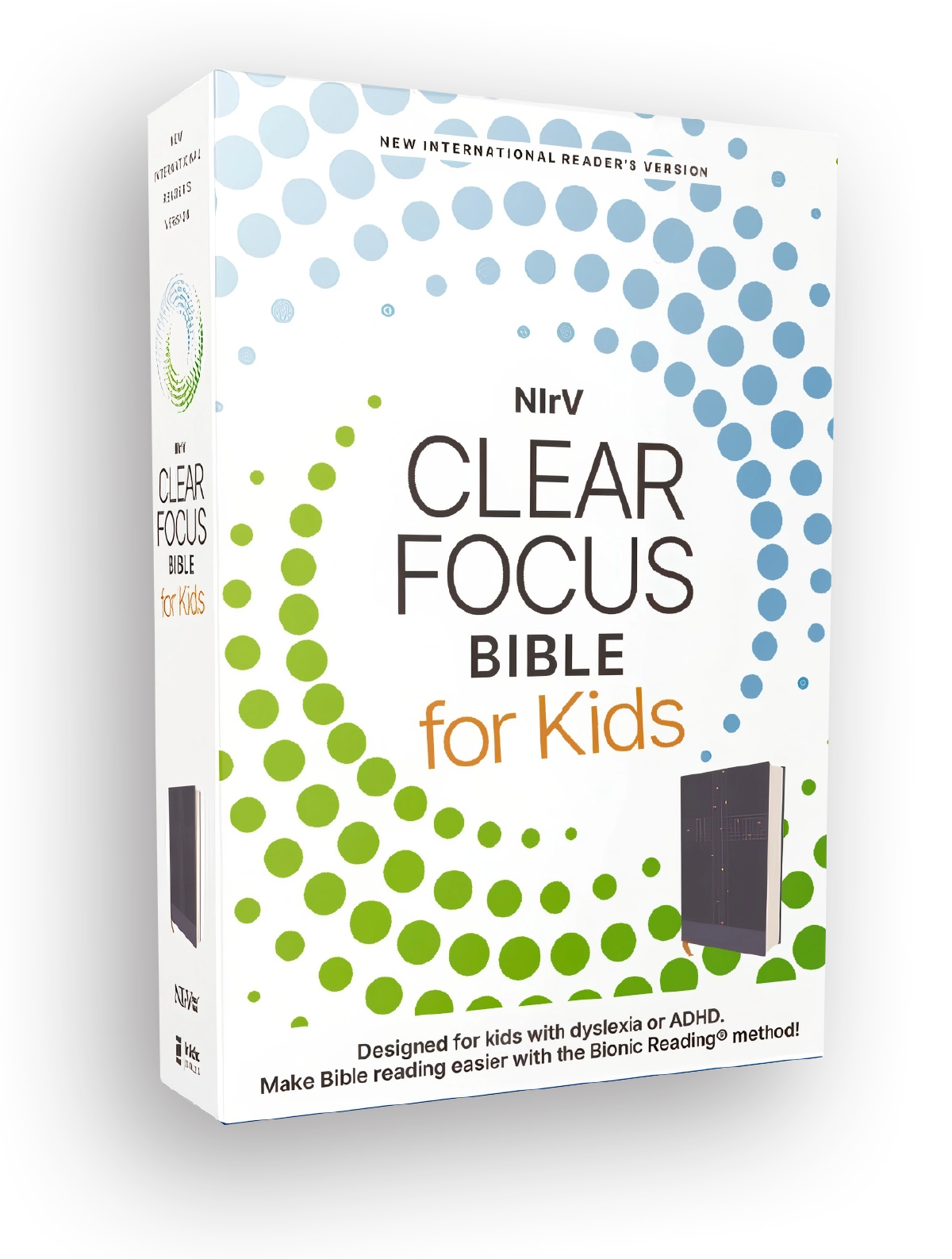 A 3D render of the product packaging for the NIrV Clear Focus Bible for Kids; The white box features blue and green dot patterns and text stating it is designed for kids with dyslexia or ADHD using the Bionic Reading method