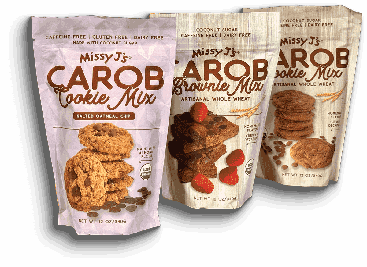 Three standing pouches of Missy J's Carob baking mixes