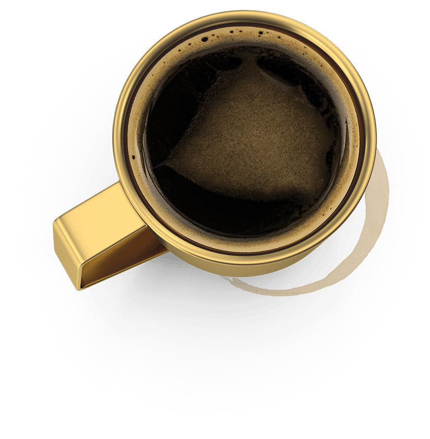 Top-down view of a golden mug filled with black coffee