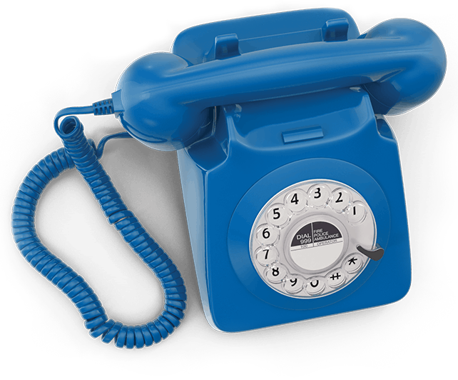 A top-down view of a classic blue rotary telephone sitting on a white background.