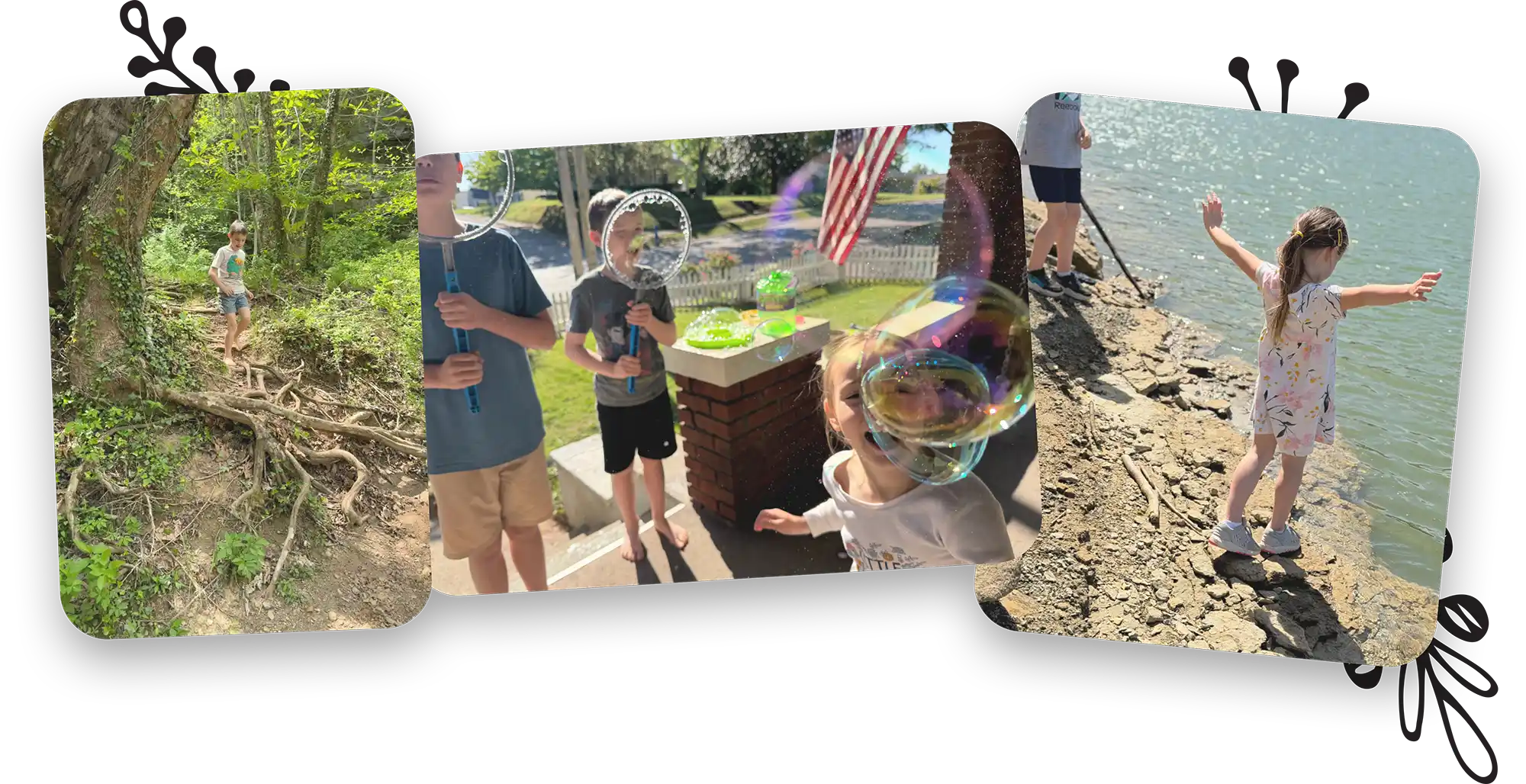 A photo collage showing children exploring a wooded path, blowing giant bubbles on a front porch, and standing along a rocky shoreline.