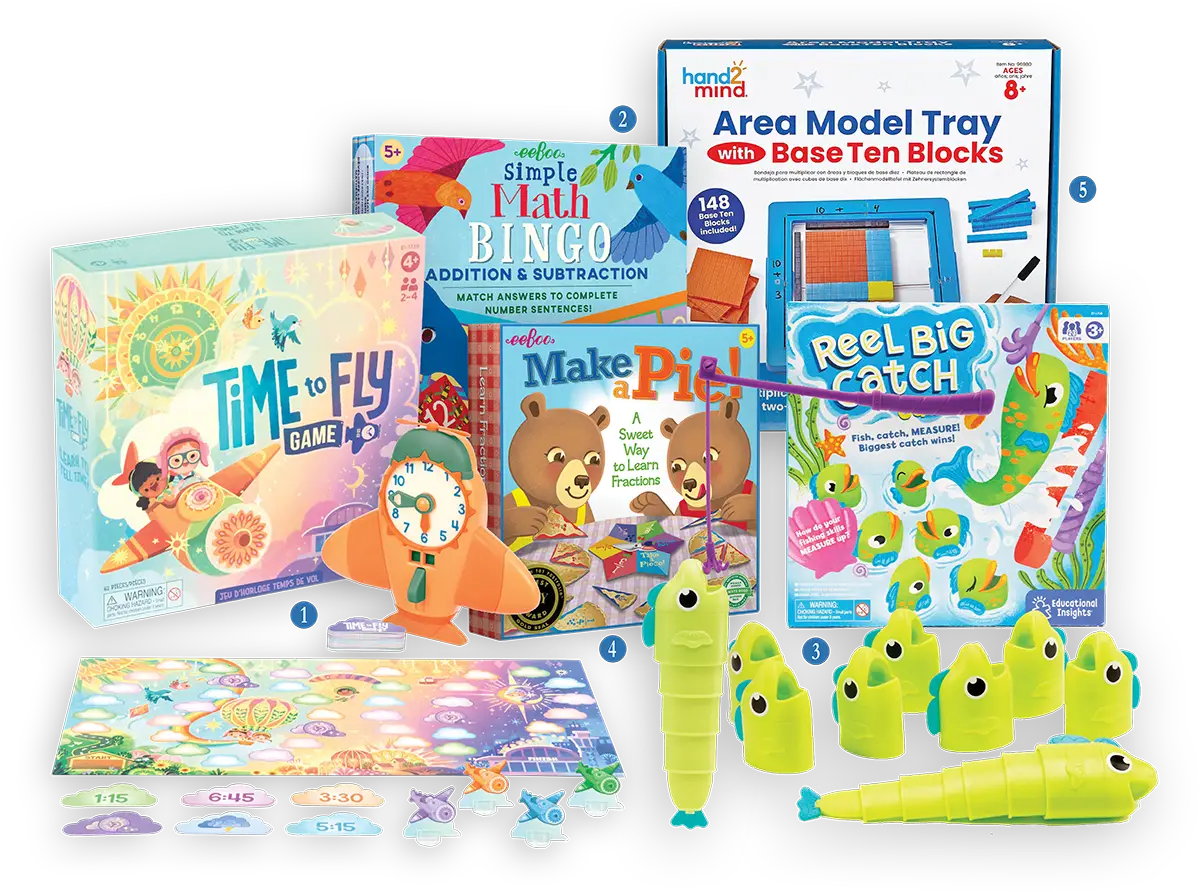 A collection of five children's educational math and learning games, including Time to Fly, Simple Math Bingo, Reel Big Catch, Make a Pie, and Area Model Tray, displayed with their colorful boxes and game pieces.
