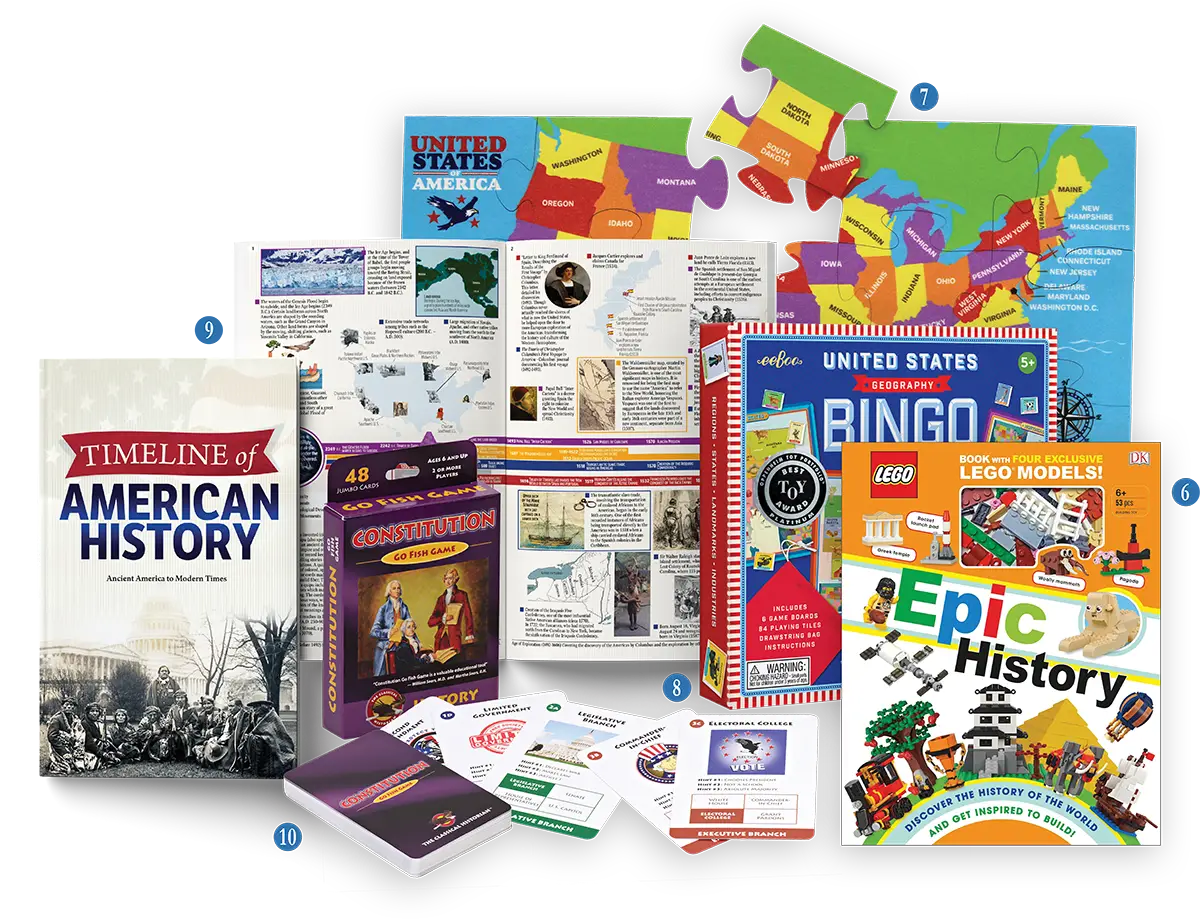 A collection of children's history and geography learning materials, including a Timeline of American History book, United States Geography Bingo, a Constitution card game, a USA map puzzle, and a LEGO Epic History book.
