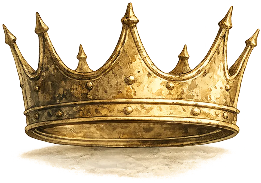 An illustration of a gold crown featuring multiple pointed tips, a textured metallic surface, and small rounded decorative studs.