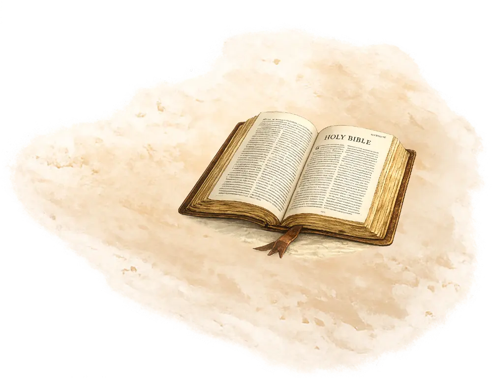 An illustration of an open book with "HOLY BIBLE" printed on the right page, resting on a textured, light beige watercolor background.