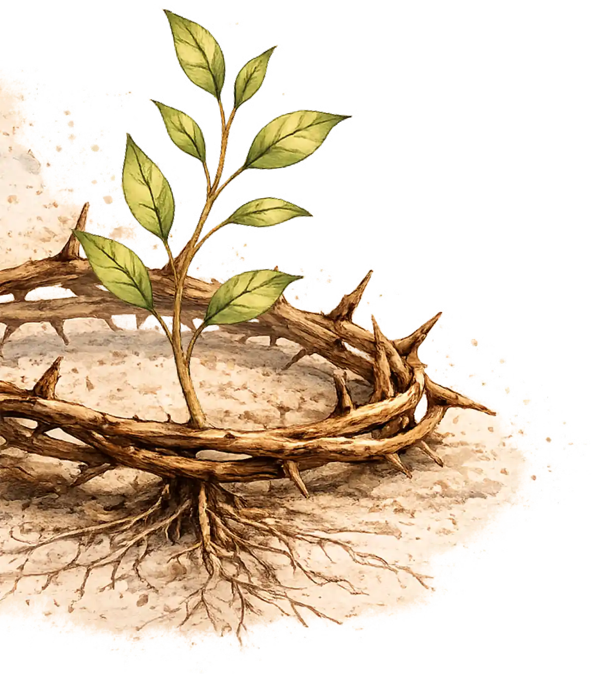 An illustration of a crown of thorns resting on a sandy patch with a small green leafy plant growing upward from its roots.