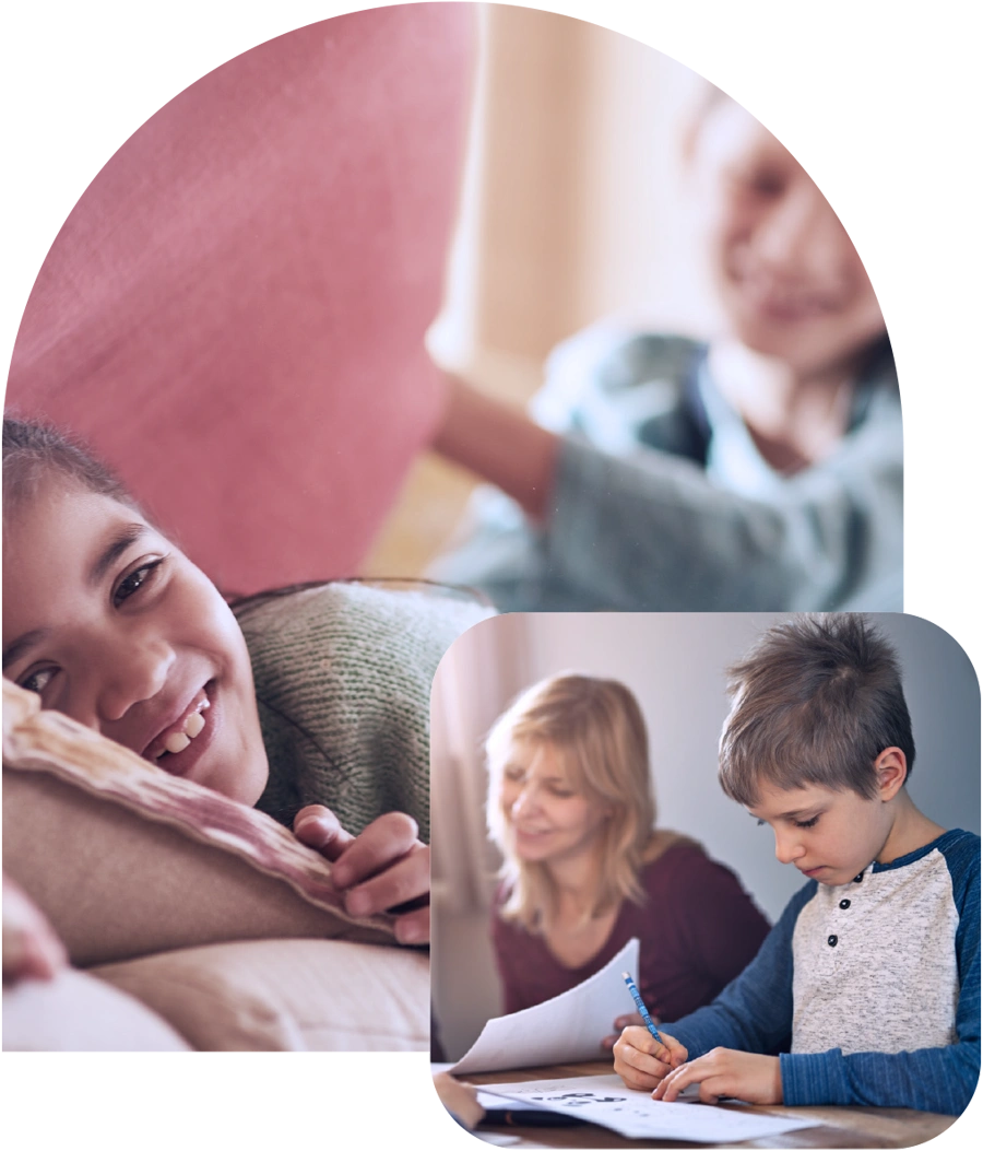 Collage of two photos: a smiling girl resting on a cushion with a blurred child behind her, and a young boy writing on paper at a table while a woman looks on.