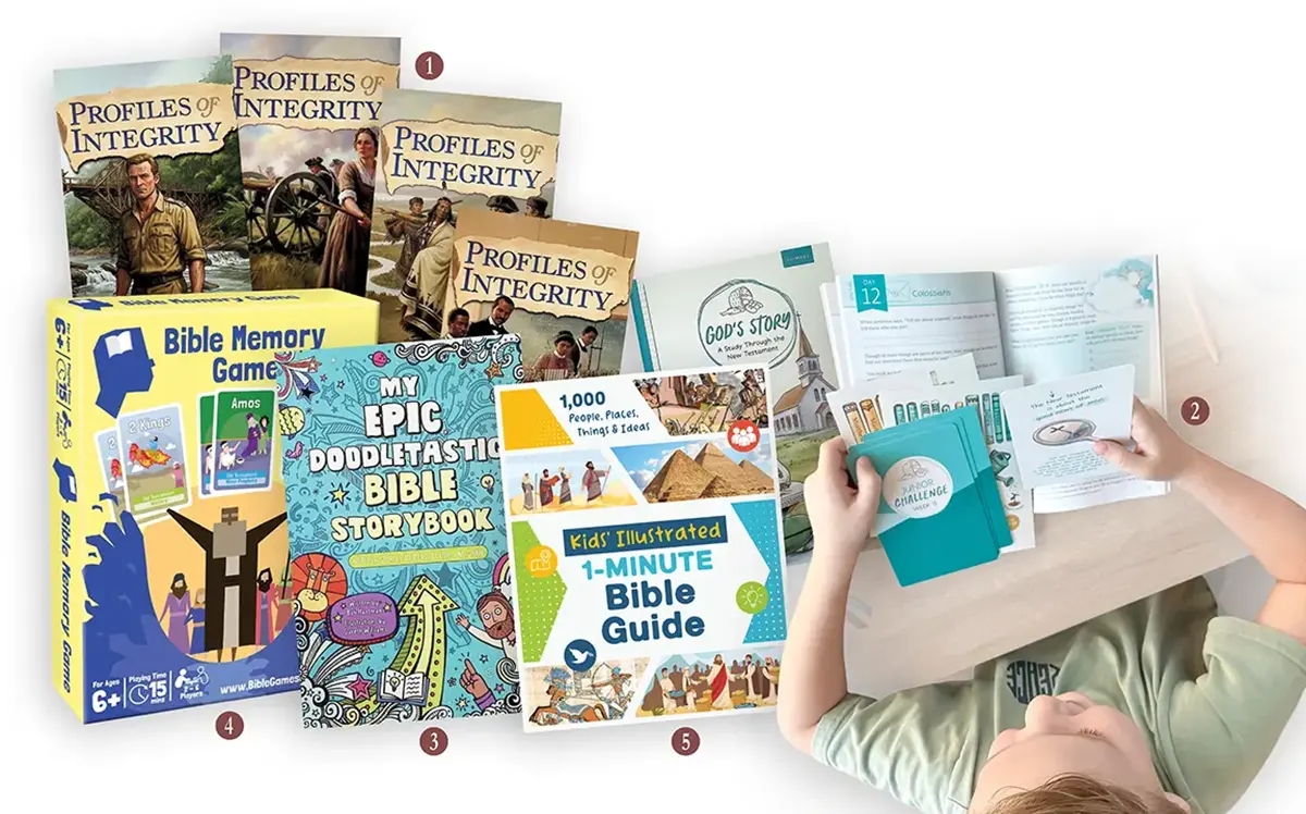 A product display of Christian children's educational materials, including Bible study workbooks and memory games.