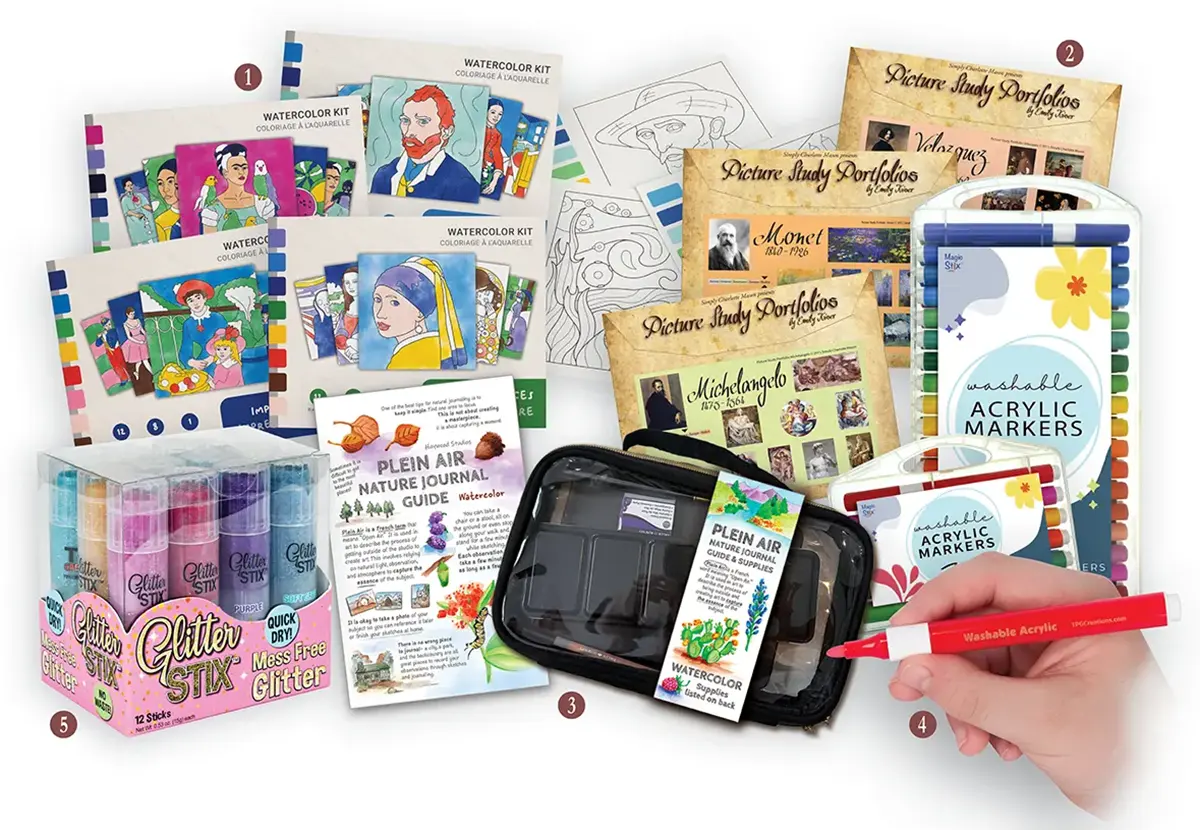 A layout of various children's art kits, picture study portfolios, glitter sticks, and plein air journaling supplies.