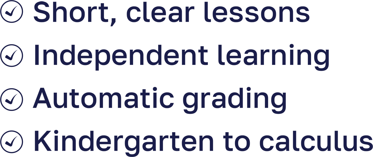 Bulleted feature list highlighting short lessons, independent learning, automatic grading, and Kindergarten to calculus coverage.
