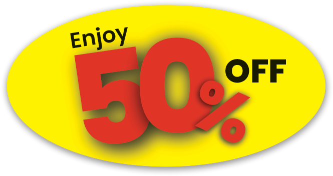 Bright yellow oval graphic displaying a "Enjoy 50% OFF" promotional offer.