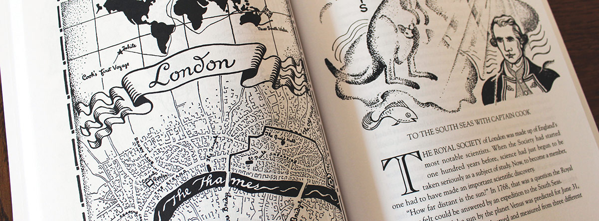 Open book page showing a vintage map of London alongside illustrations of Captain Cook and wildlife.