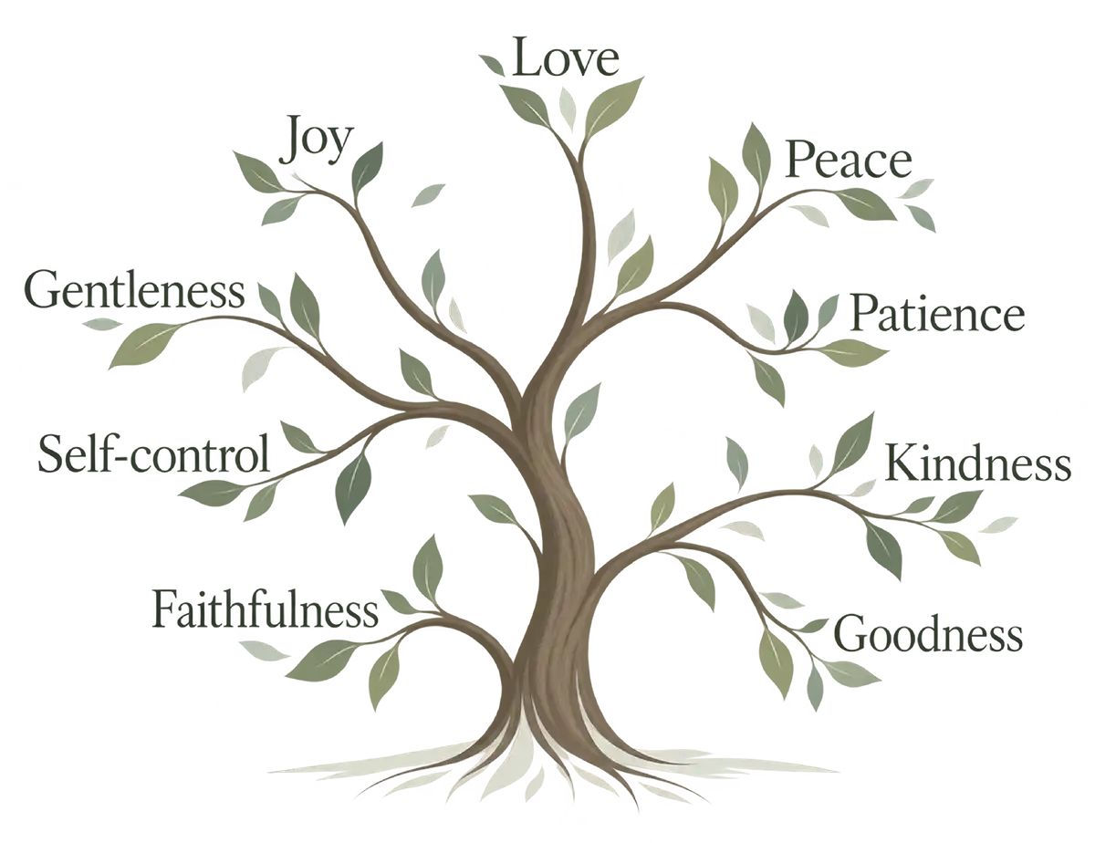 Illustration of a tree labeled with virtues like Love, Joy, Peace, and Kindness.